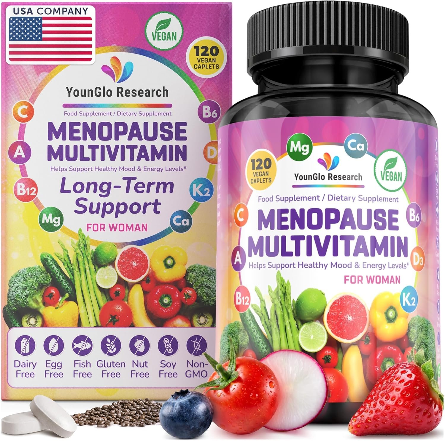 Menopause Supplement – 120 Vegan Caplets – Menopause & Perimenopause Relief Support – Food and Dietary Vitamins – Multivitamin for Women