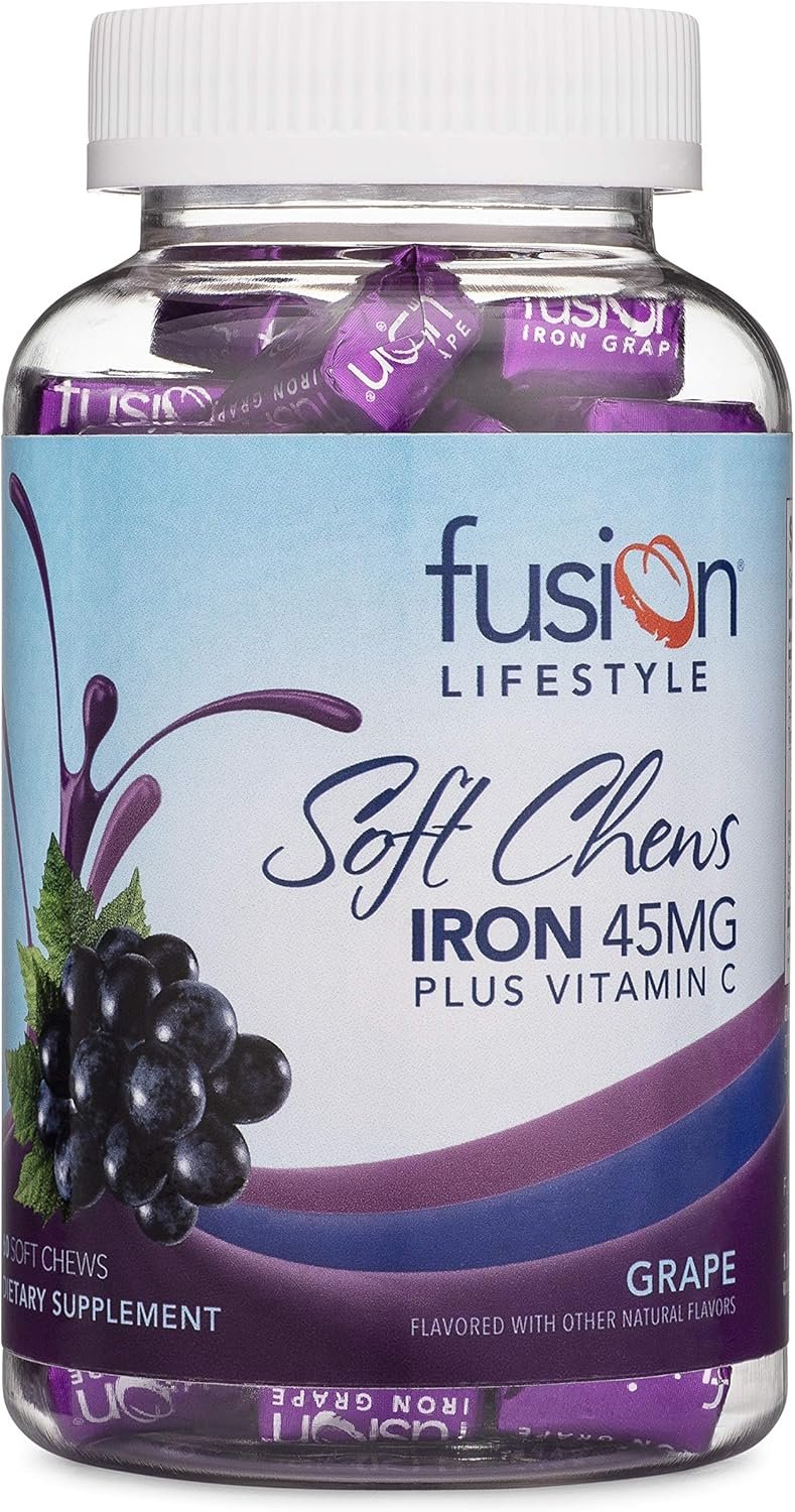 Fusion Lifestyle Chewable Iron Supplement for Women & Men – Grape Flavor, Iron Vitamin C Soft Chew for Max Absorption, Iron as Ferrous Fumarate, Ideal for Anemia and Iron Deficiency, 2 Month Supply